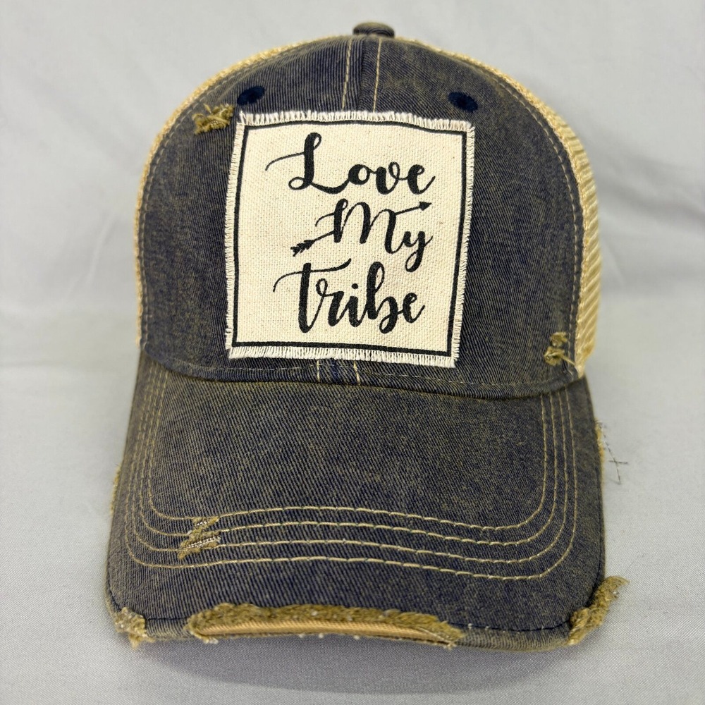 Headmost Trucker Hat Love My Tribe Womens OSFM Blue Tan Distressed Snapback